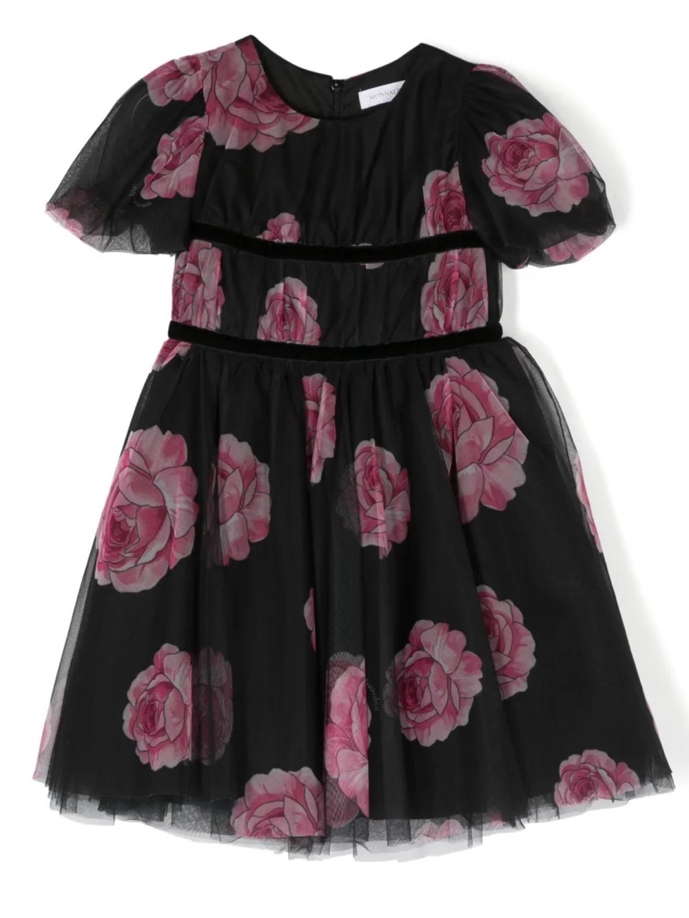 MonnaLisa Black Tulle Dress with Pink Rose Motif